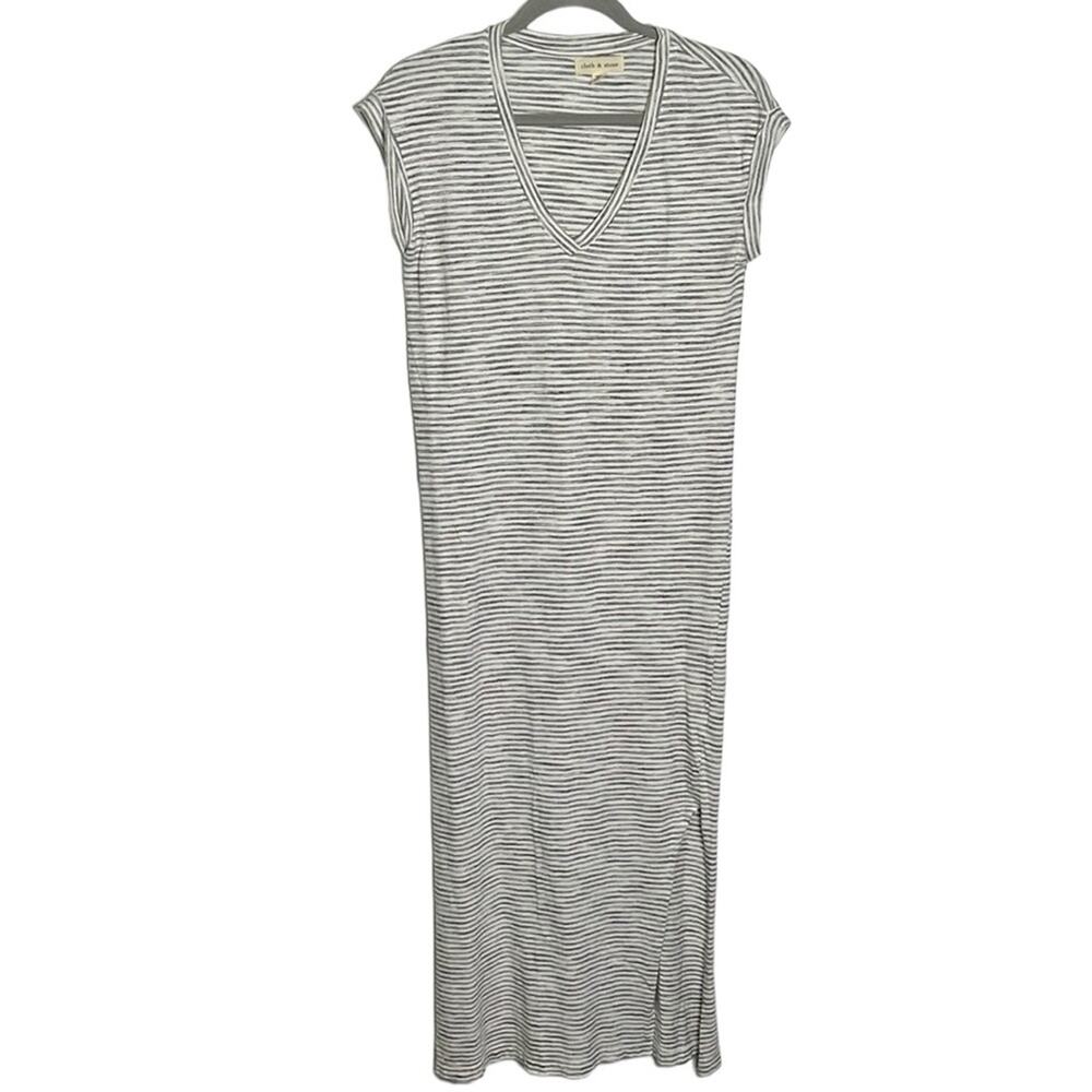 Cloth & Stone Gray White V Neck T Shirt Maxi Dress Double Slits XS